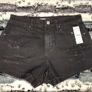 Distressed black denim shorts